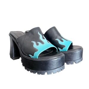 Delias x Dolls Kill Black Platform Chunky Mule Pumps Flame Sandals Shoes